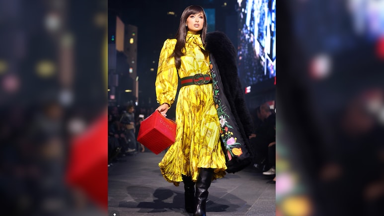 Paris Hilton Turns Heads With Shocking Brunette Hair On Gucci Runway At Times Square