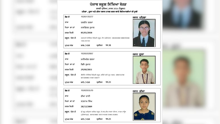 Punjab Class 10 Toppers List 2026: Harleen Sharma Scores 646/650, Bags Rank 1