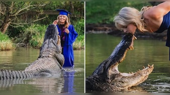 ग्रेजुएशन पर 14 फुट लंबे मगरमच्छ के साथ लड़की ने कराया PHOTOSHOOT, जबड़े पर किया KISS