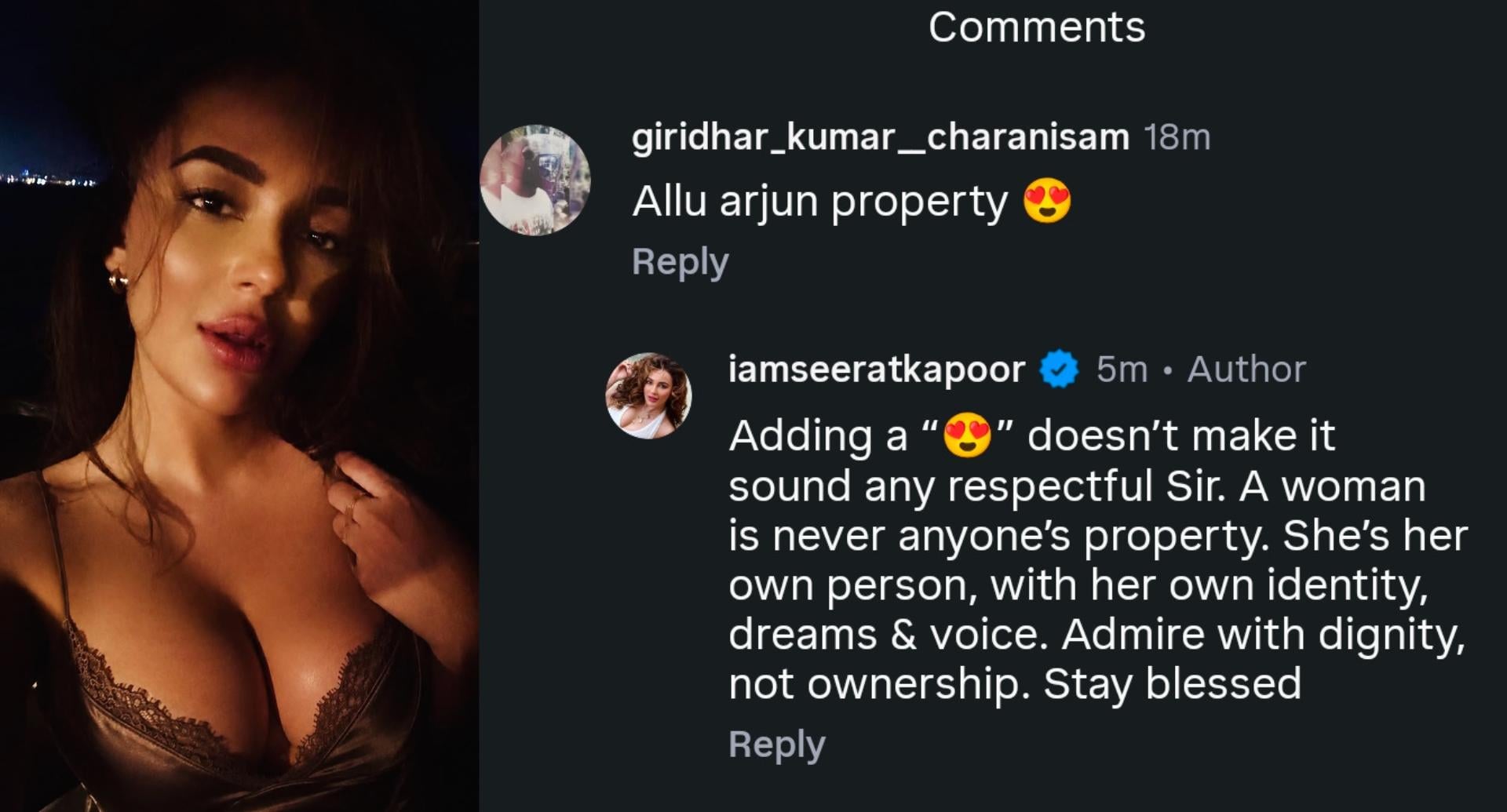 Seerat Kapoor responds to a comment calling her ‘Allu Arjun Property'