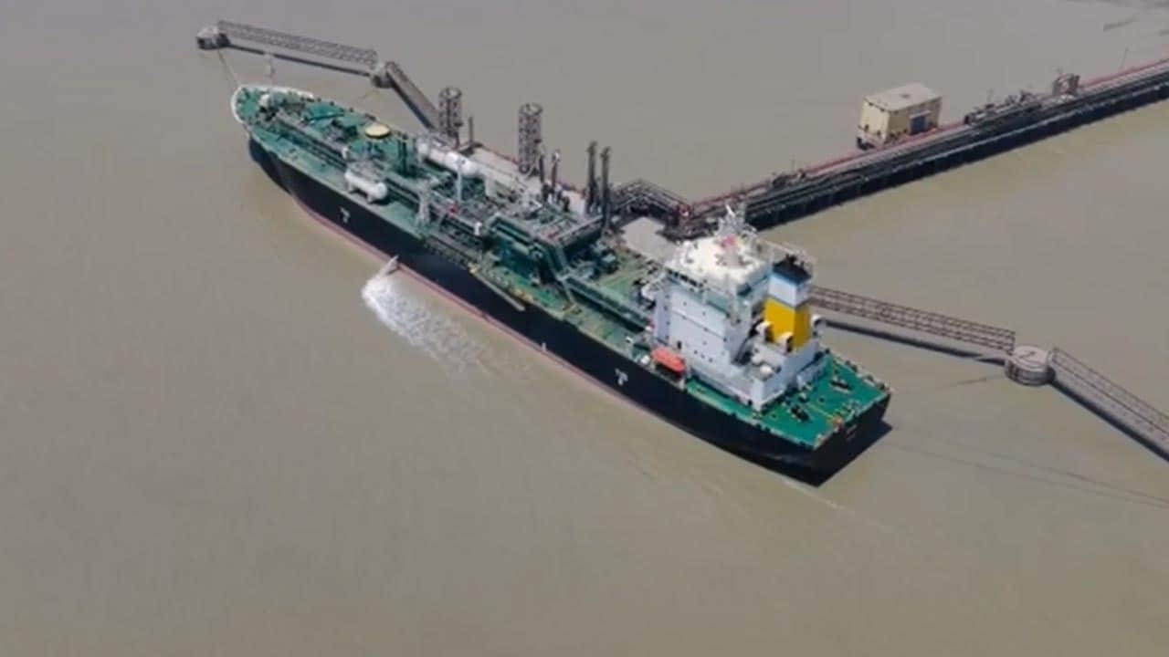 Drone Visuals Of Marshall Islands-Flagged LPG Tanker Symi At Kandla Port After Hormuz Transit