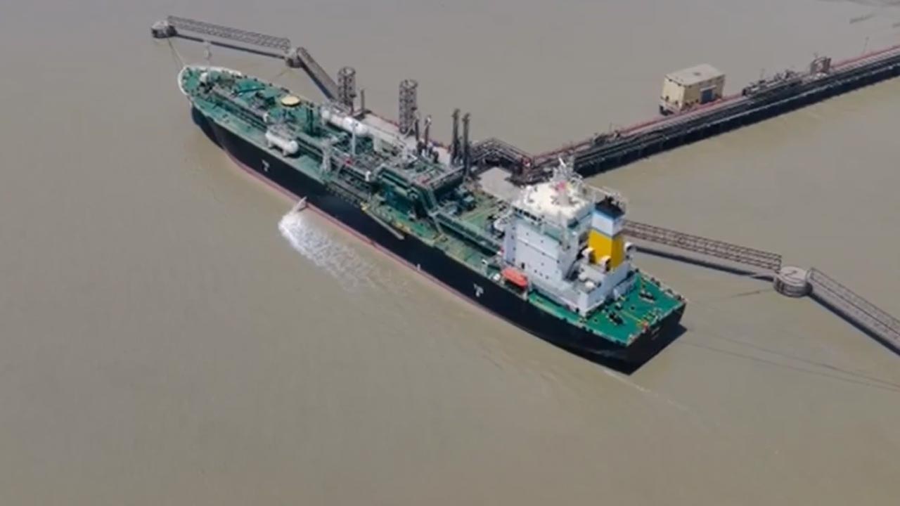 Drone Visuals Of Marshall Islands-Flagged LPG Tanker Symi At Kandla Port After Hormuz Transit
