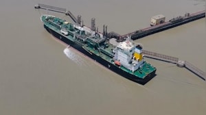 Drone Visuals Of Marshall Islands-Flagged LPG Tanker Symi At Kandla Port After Hormuz Transit