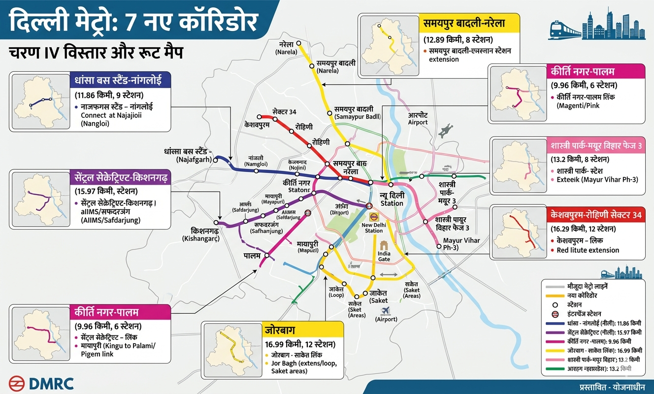 दिल्ली मेट्रो के 7 नए रूट का ऐलान, 65 स्टेशन बनेंगे, नरेला, नजफगढ़ से जोरबाग से शास्त्री पार्क तक 97 KM नेटवर्क बनेगा