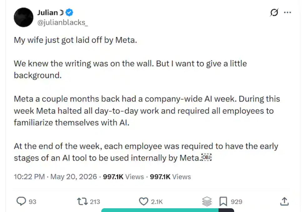 Julian claimed that Meta halted all regular operations for a week, mandated that every employee learn AI tools. Julian claimed that Meta halted all regular operations for a week, mandated that every employee learn AI tools.
