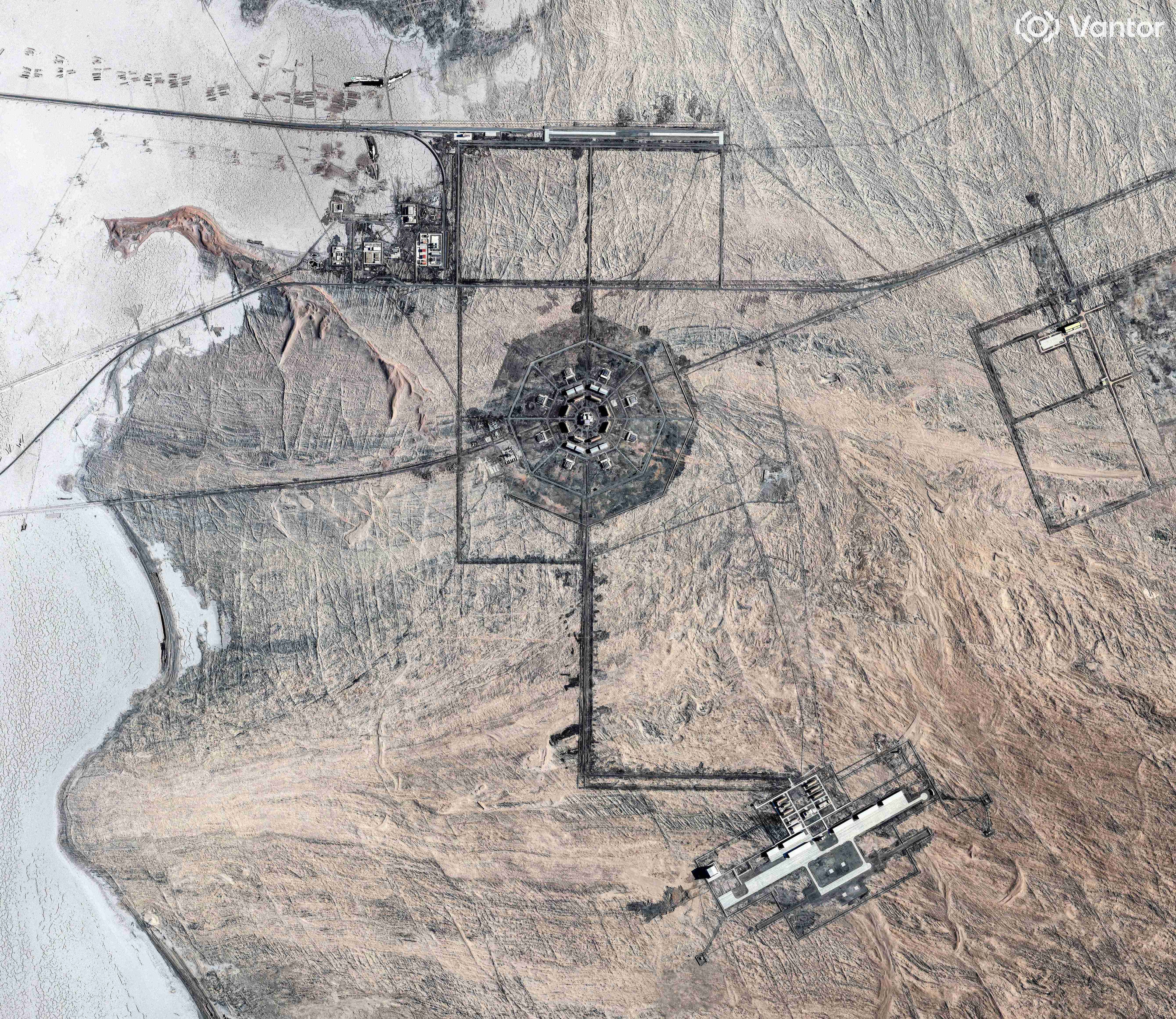 A satellite view shows one of the two Xinjiang octagon-shaped military facilities, which analysts say are likely supporting the nearby Hami silo fields, near an airfield to the south and a rail terminal to the north, in the Xinjiang Uyghur Autonomous Region, China, August 4, 2025 A satellite view shows one of the two Xinjiang octagon-shaped military facilities, which analysts say are likely supporting the nearby Hami silo fields, near an airfield to the south and a rail terminal to the north, in the Xinjiang Uyghur Autonomous Region, China, August 4, 2025