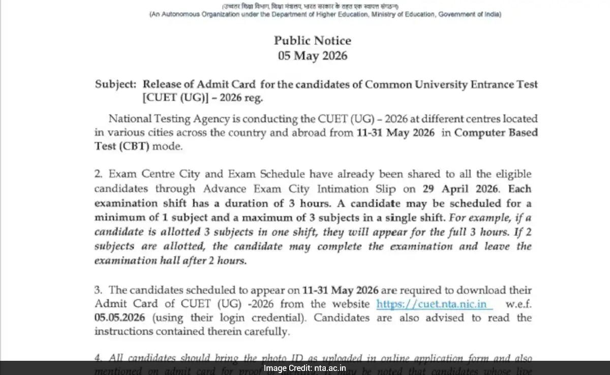 NTA Releases CUET UG 2026 Admit Card: Download from May 5, Exam Runs May 11–31