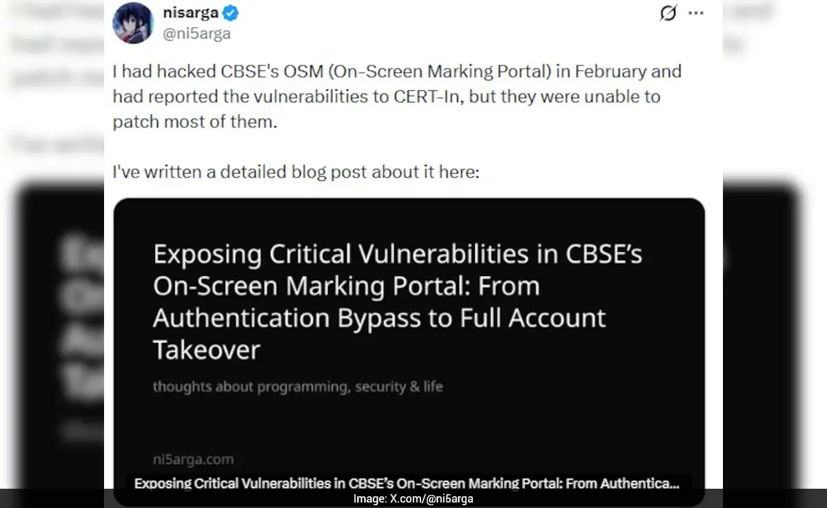CBSE OSM Portal Had Critical Vulnerabilities, Ethical Hacker Tells NDTV