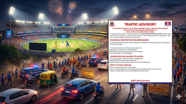 Delhi Traffic Advisory: दिल्ली में DC और CSK के बीच IPL मैच कल, दिल्ली पुलिस ने जारी की ट्रैफिक एडवाइजरी, जानें कौन से रास्ते रहेंगे प्रभावित