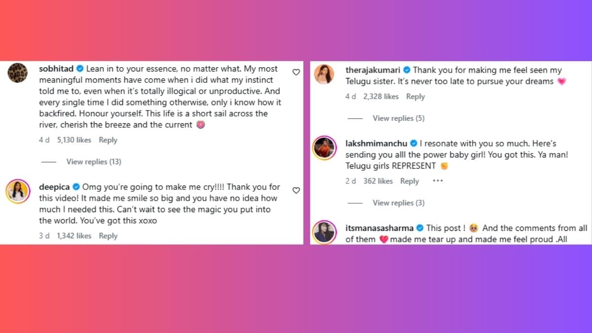 Sobhita Dhulipala, Deepica Mutyala, and Raja Kumari reacted to viral video celebrating Telugu representation. Photo: Srilata Addepalli/ Instagram 