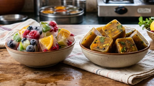 Fruit ice cubes and frozen broth can be used to cool down during a heatwave