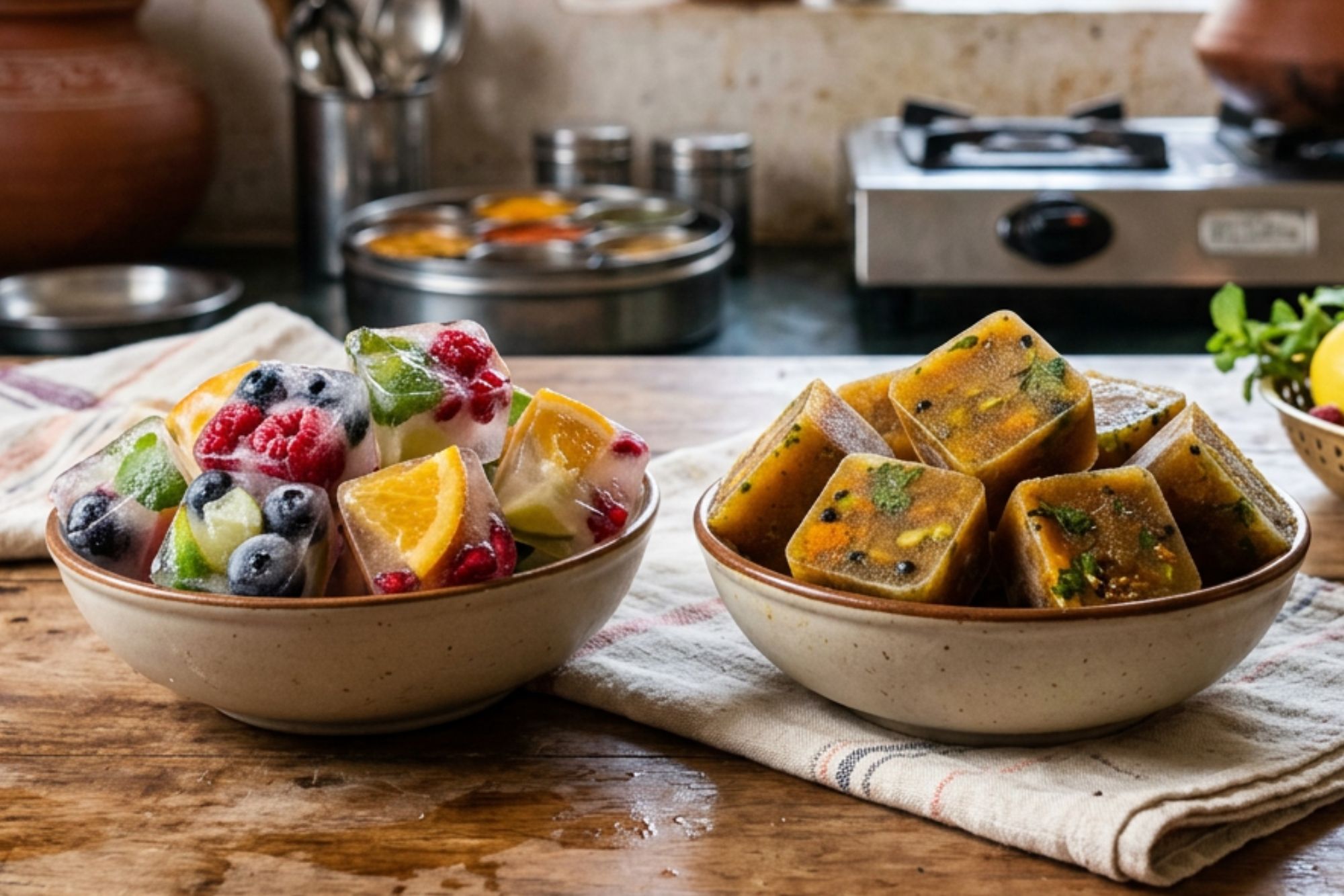 Fruit ice cubes and frozen broth can be used to cool down during a heatwave