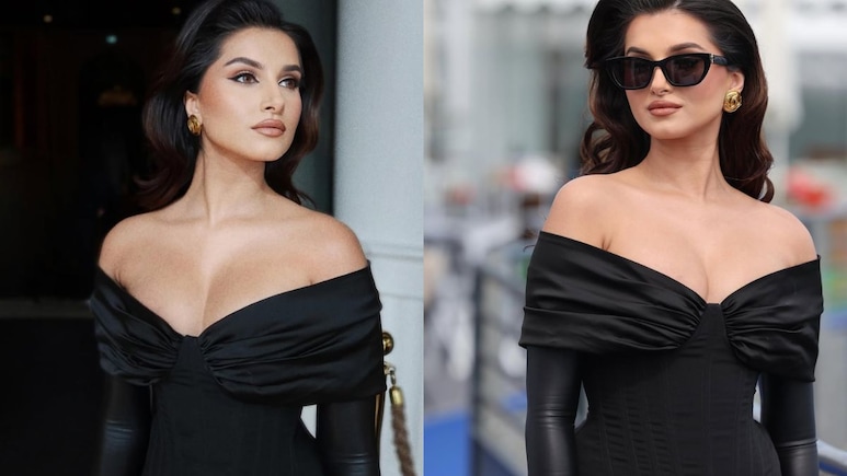 Tara Sutaria Channels Retro Glam In Black Corset Gown And Opera Gloves At Cannes