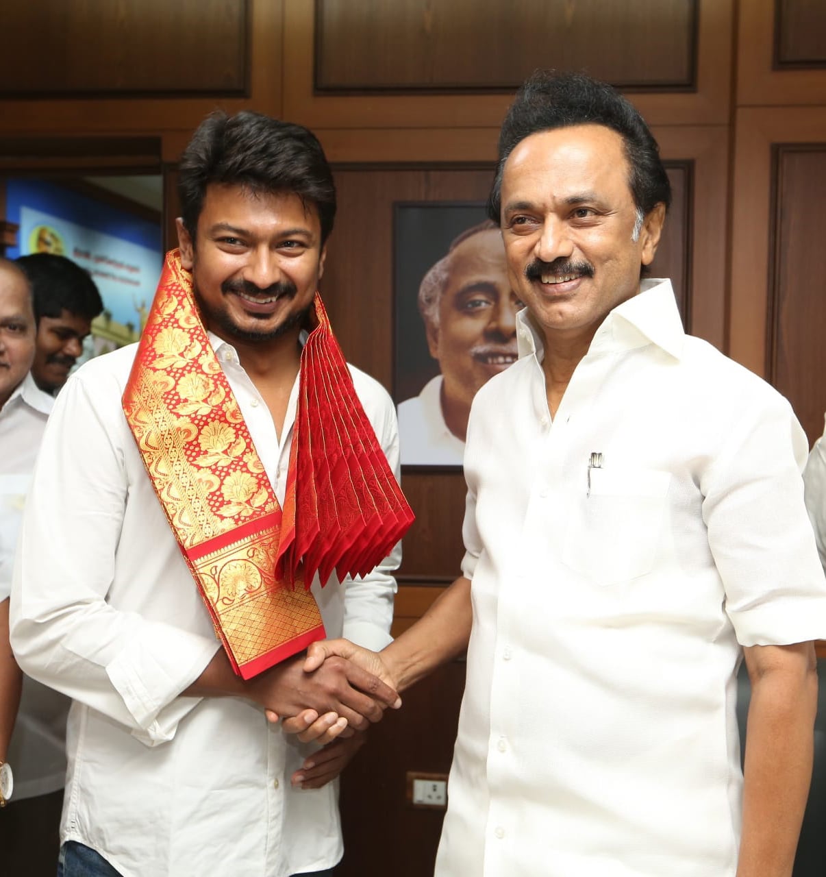 MK Stalin with Udhayanidhi Stalin after he was appointed as the Secretary of the party's youth wing in July 2019
