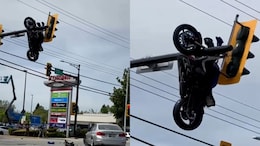 Watch: Canada Road Accident Gets Suzuki GSXR Hung On Traffic Signal In A Strange Manner