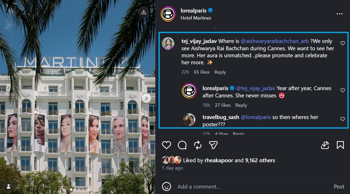 Screenshot of LOreal Pariss response on Aishwarya Rai Bachchans absence from its Cannes branding.