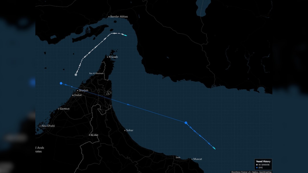 The NV Sunshine (in white) emerged in the Gulf of Oman on Thursday, after the Symi appeared to have made the same transit through the Strait of Hormuz with its transponders off.