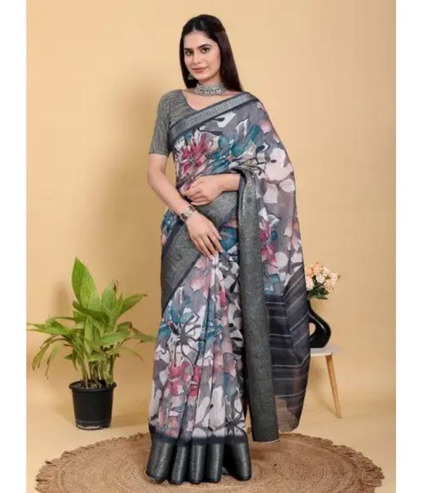 Click To Buy MANASTEXTILS Floral Print Fashion Cotton Blend Saree With Unstitched Blouse (Multicolour)