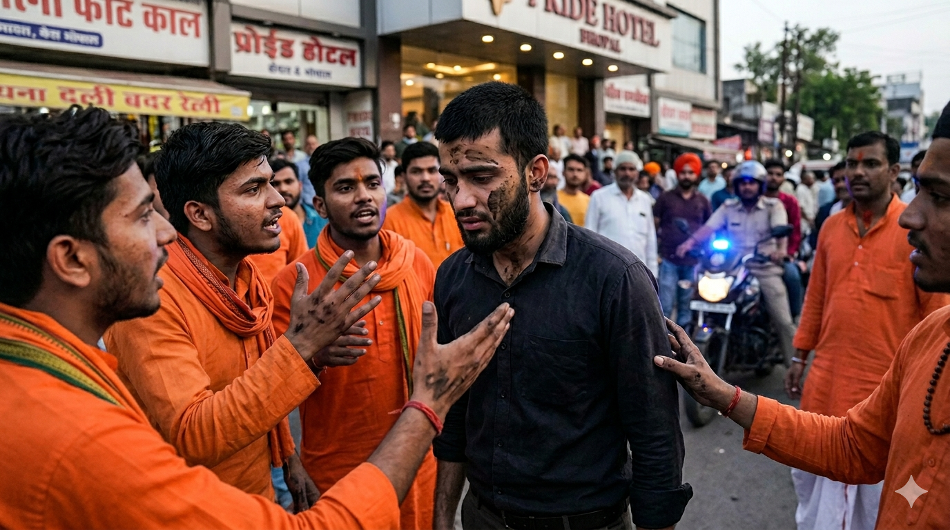 भोपाल के एक होटल में घुसकर मुस्लिम युवक के साथ बर्बरता; स्याही और गोबर पोतकर निकाला जुलूस