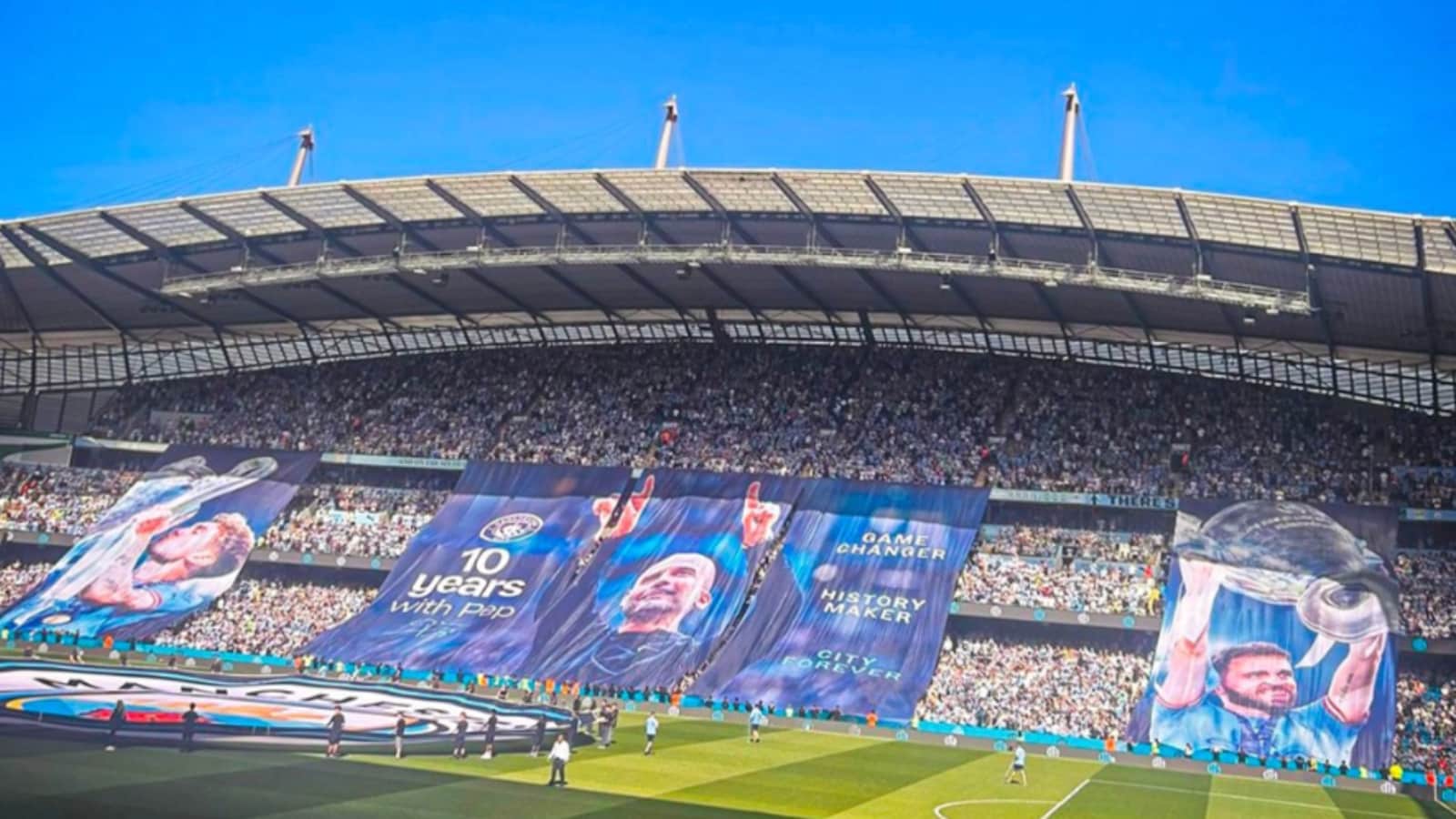 In Pics: Manchester City Fans Stunning Tifo For Pep Guardiola, Bernardo Silva And John Stones On Farewell Day