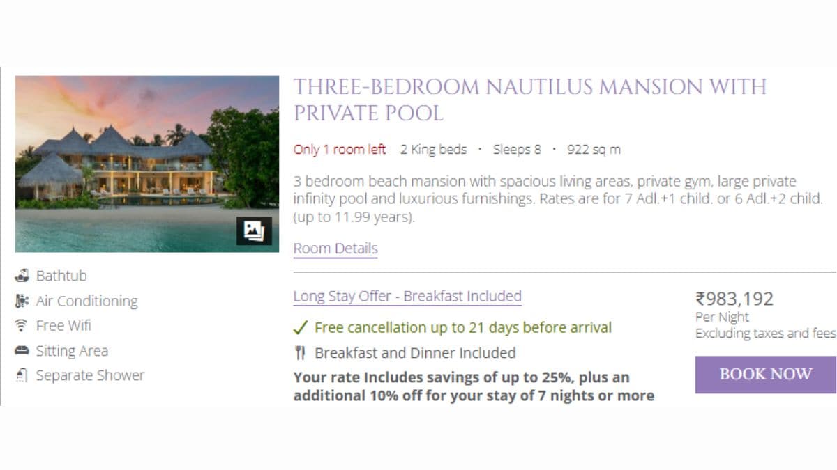 Cost of staying at The Nautilus ranges from Rs 1,96,639 to Rs 9,83,192 per night. Photo: The Nautilus