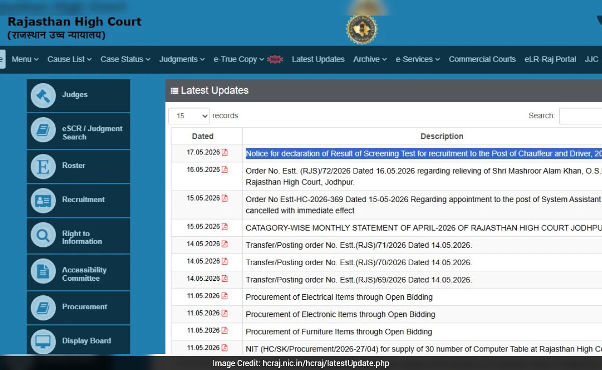 Rajasthan High Court Driver Result 2026 Released, Download Selection List PDF Here