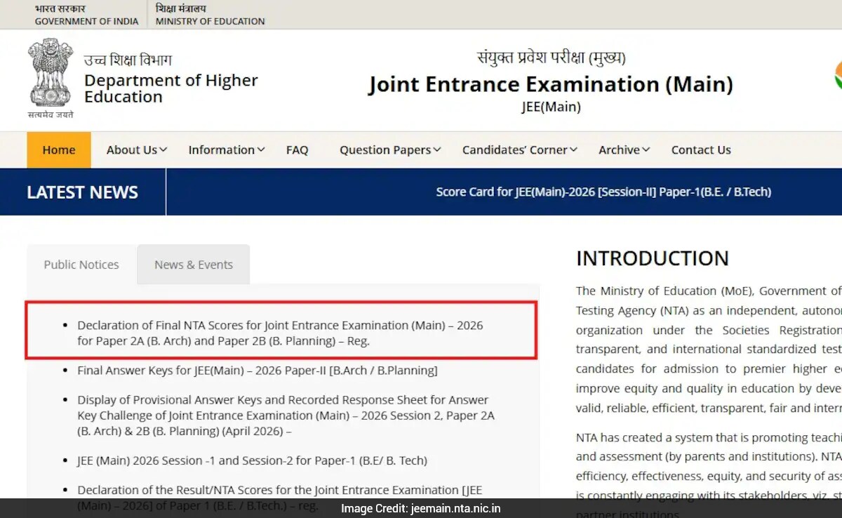 JEE Main 2026 Paper 2 Result Declared For B.Arch And B.Planning; Check ...