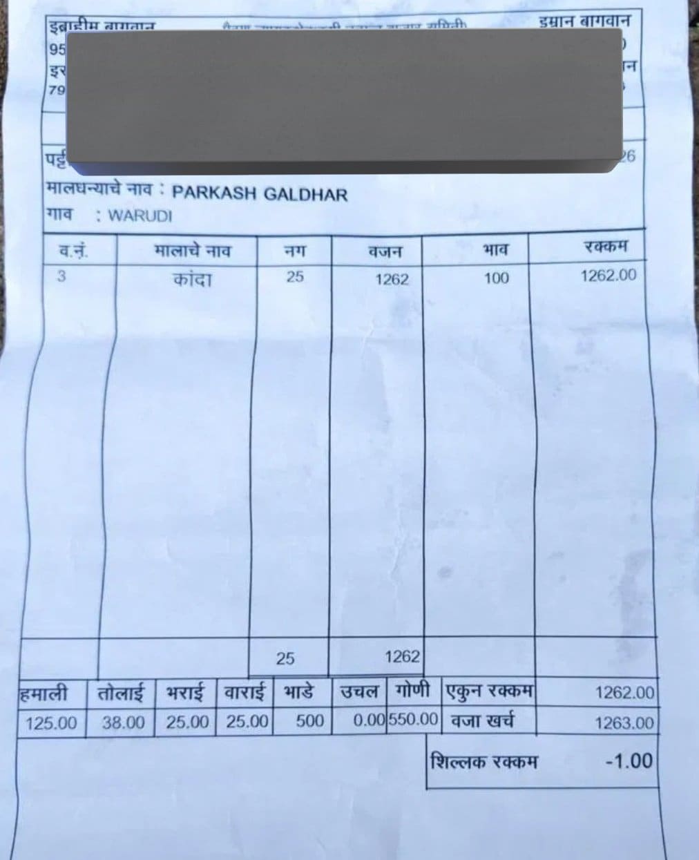 एक रुपए प्रति किलो की दर से बिकने की रसीद.