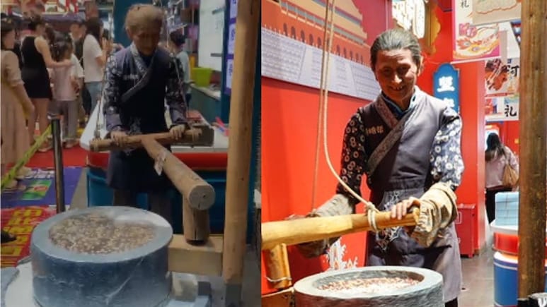 आटा चक्की पिसती बुजुर्ग महिला दिखती एकदम रियल, लगता ही नहीं कि ये रोबोट है