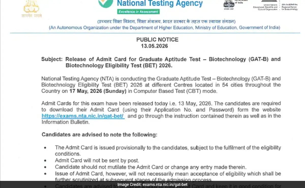 NTA Releases Provisional Admit Cards for GAT-B and BET 2026 Exams Across 54 Cities