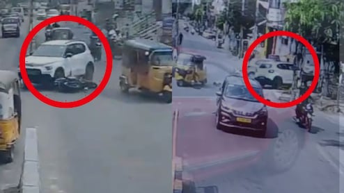 Car Crashes Into Tiffin Centre After Hitting Multiple Vehicles In Hyderabad