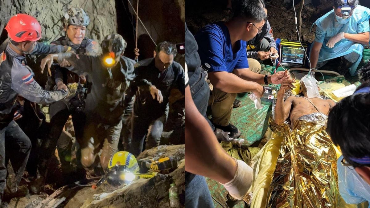 First miner emerges from cave.