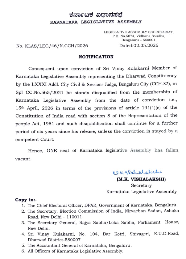 Congress MLA Vinay Kulkarni Disqualification Case: आदेश की कॉपी