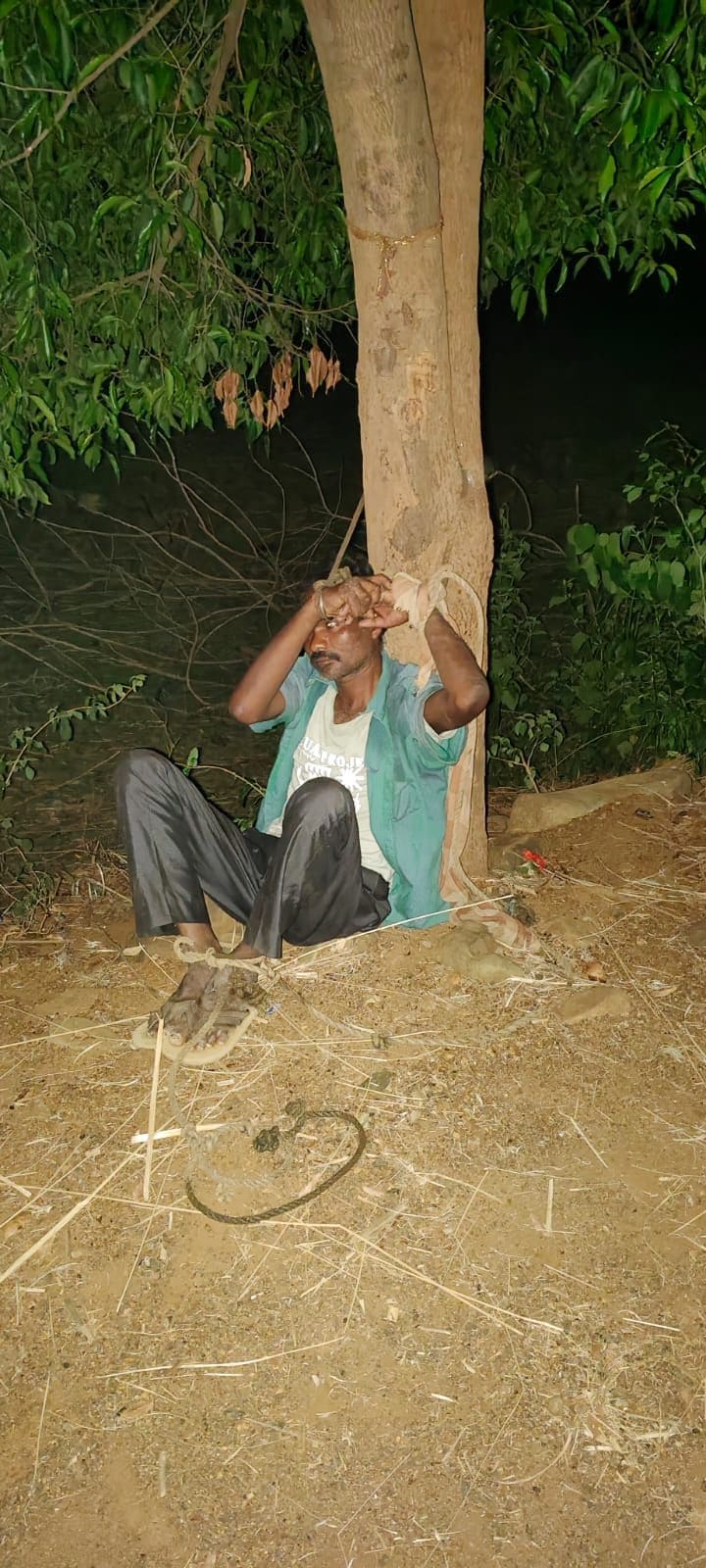 रस्सी से पेड़ से बांधे गए युवक की तस्वीर
