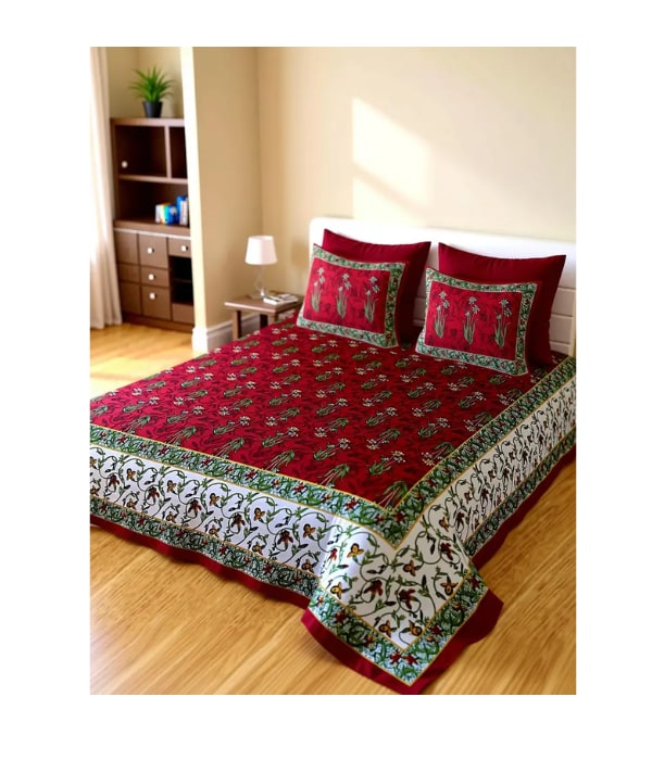 Click here to buy: ShopGlobal 144 TC Cotton Double Jaipuri Prints Bedsheet (Pack of 1, Red)