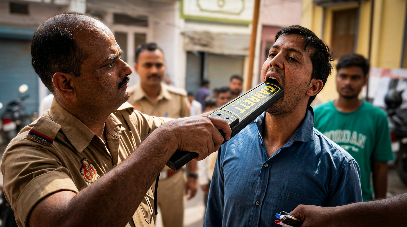 ऐसी चेकिंग कि सिर चकरा जाए! मुंह में मेटल डिटेक्टर घुसाकर यूपी पुलिस ने आखिर क्या ढूंढा?