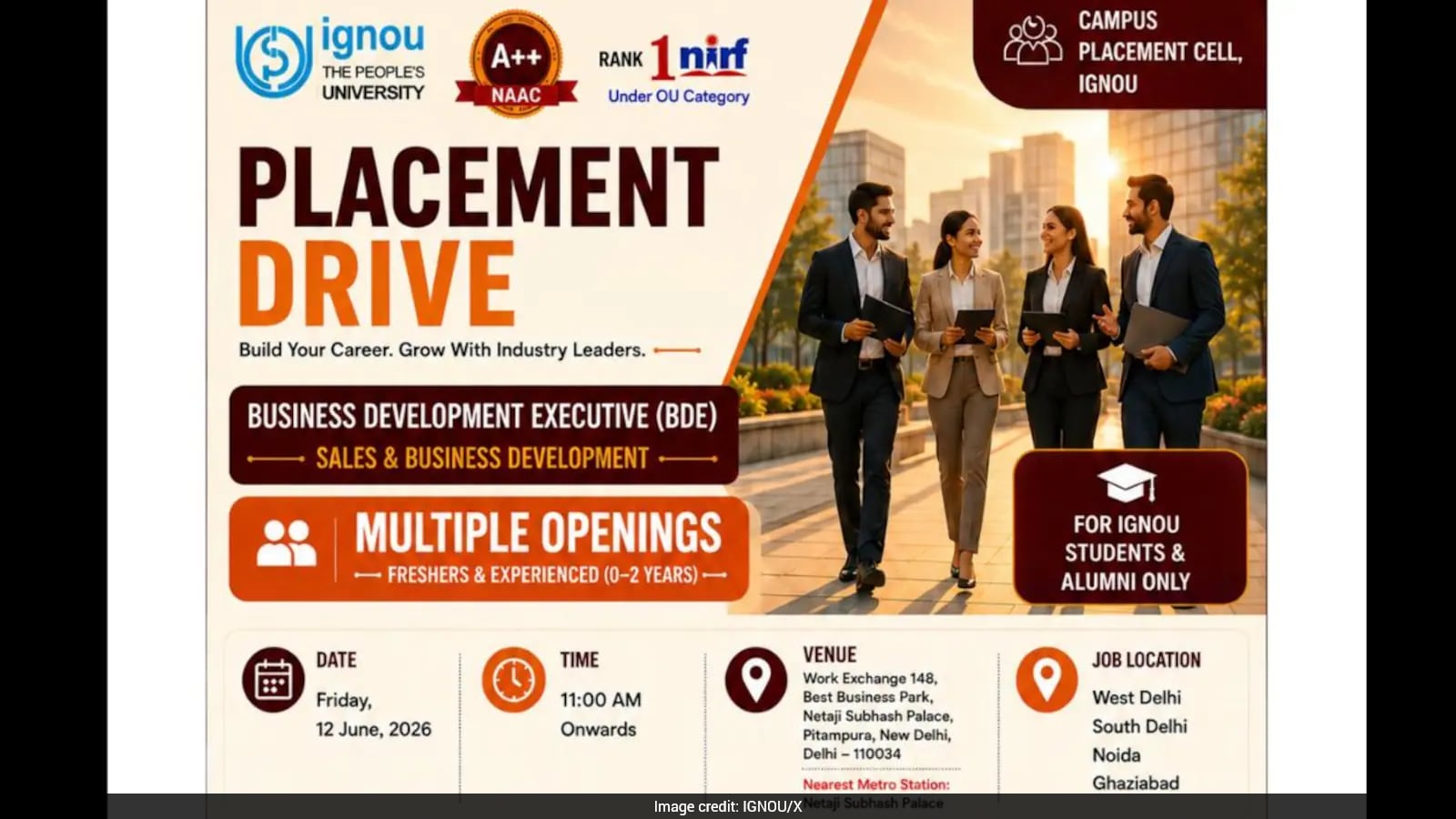 IGNOU Campus Placement Drive 2026: Business Development Executive Roles For Freshers, Experienced Candidates