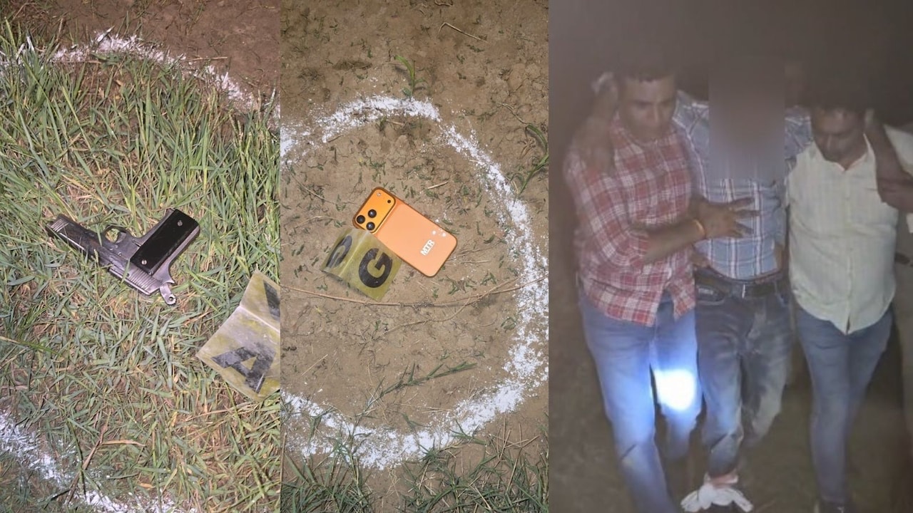 पुलिस की गिरफ्त में घायल बदमाश, जमीन पर पड़ा मोबाइल और तमंचा