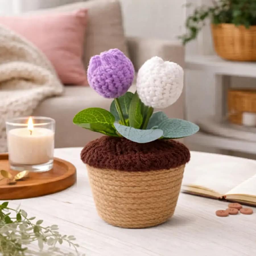 Click here to buy: Akaar Decors Handmade Crochet Tulips with Boho Pot Purple Click here to buy: Akaar Decors Handmade Crochet Tulips with Boho Pot Purple