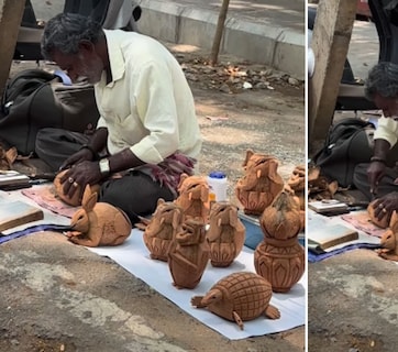 सड़क किनारे बैठा ये कलाकार कर रहा कमाल, नारियल के खोल से बना देता है हाथी-कछुआ, लोग पूछ रहे- आखिर मिलता कहां है?