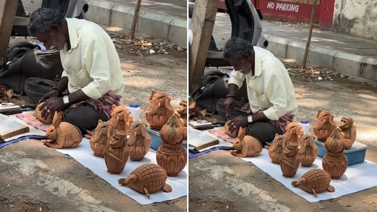 सड़क किनारे बैठा ये कलाकार कर रहा कमाल, नारियल के खोल से बना देता है हाथी-कछुआ, लोग पूछ रहे- आखिर मिलता कहां है?