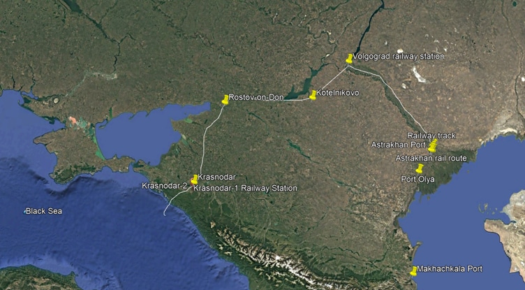 Maritime and rail routes used by Russia to transport goods from the Caspian Sea to Black Sea.