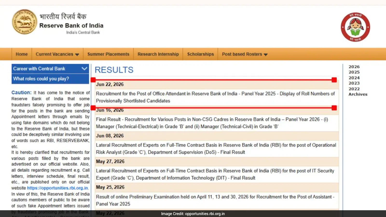 Reserve Bank Of India Office Attendant Result 2026 Out, Direct Link To Download Here