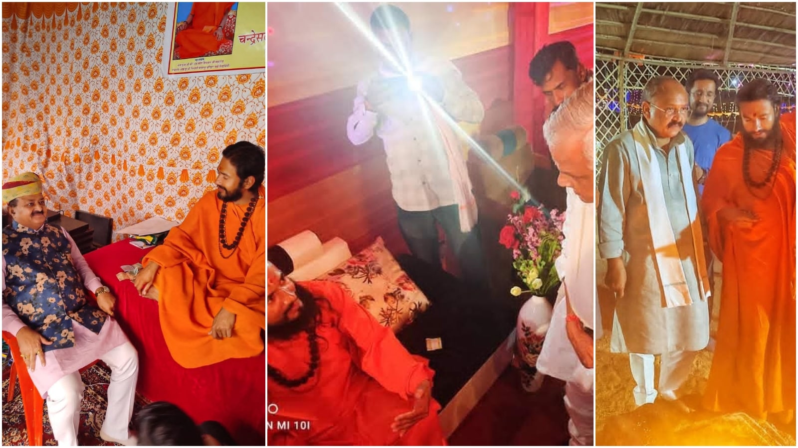 महंत देवानंद महाराज के साथ तस्वीरों में नजर आ रहे कृषि मंत्री किरोड़ी लाल मीणा और कांग्रेस नेता प्रह्लाद गुंजल. महंत देवानंद महाराज के साथ तस्वीरों में नजर आ रहे कृषि मंत्री किरोड़ी लाल मीणा और कांग्रेस नेता प्रह्लाद गुंजल.