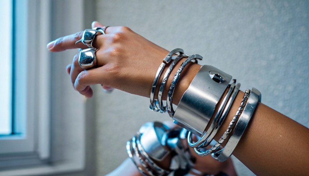 Chunky silver jewellery remains highly popular in Gen-Z fashion, making bold statements with simple styling.