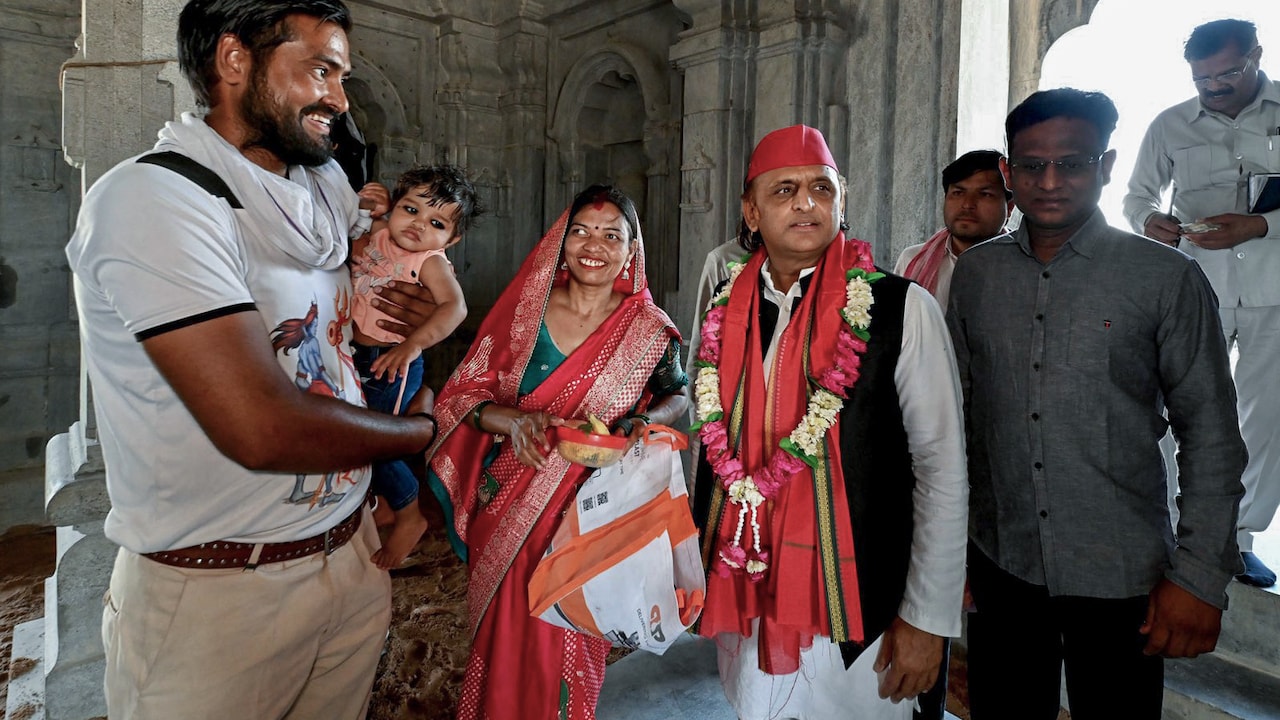 Akhilesh Yadav inspects the construction work at Kedareshwar Mahadev Mandir, in Etawah on April 27, 2026