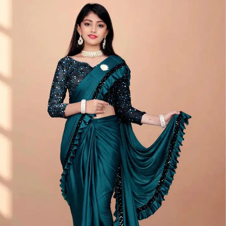 Click here to buy: Dream Clouds Embroidered Bollywood Lycra Blend Saree
