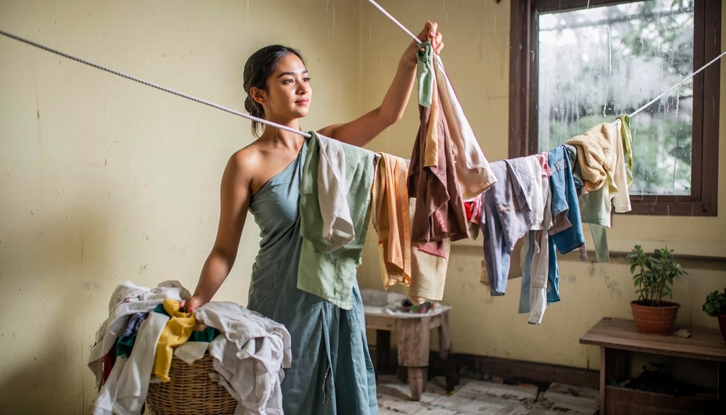 Use foldable drying racks, air circulators, and spaced garments to speed drying during humid monsoon months. Use foldable drying racks, air circulators, and spaced garments to speed drying during humid monsoon months.