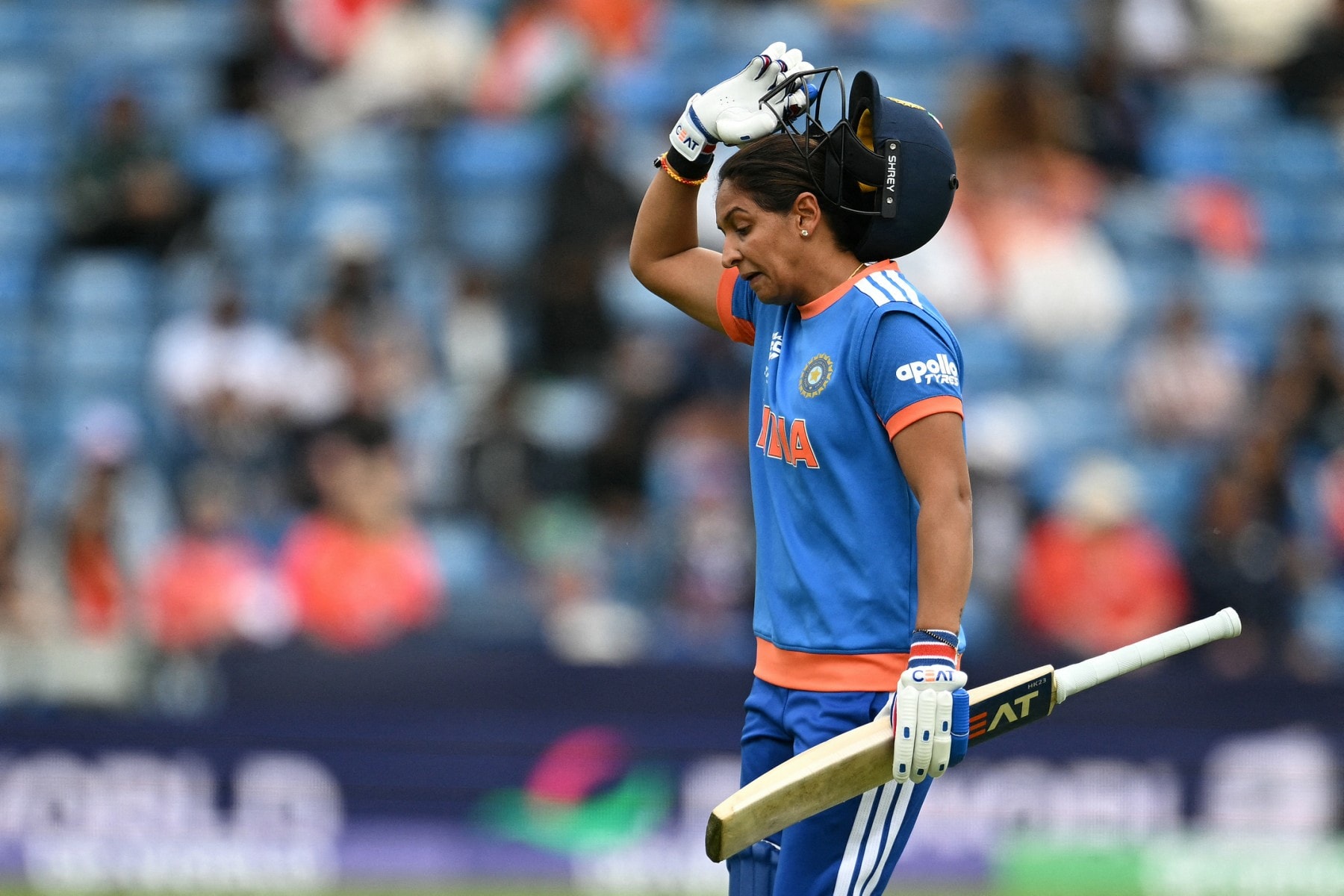 Harmanpreet Kaur reacts after India’s six-wicket loss to South Africa
