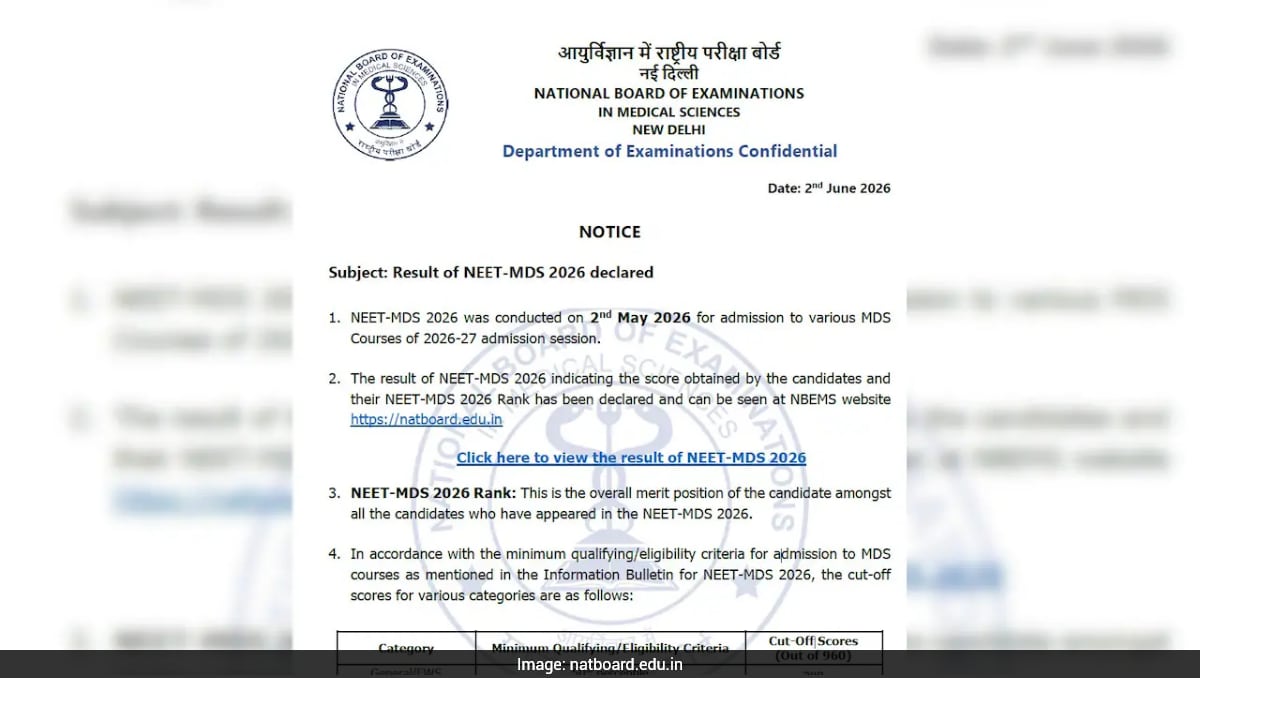 NEET MDS Result 2026 Out: Scorecard, Cut-Off, Merit List Download Link, Details Here